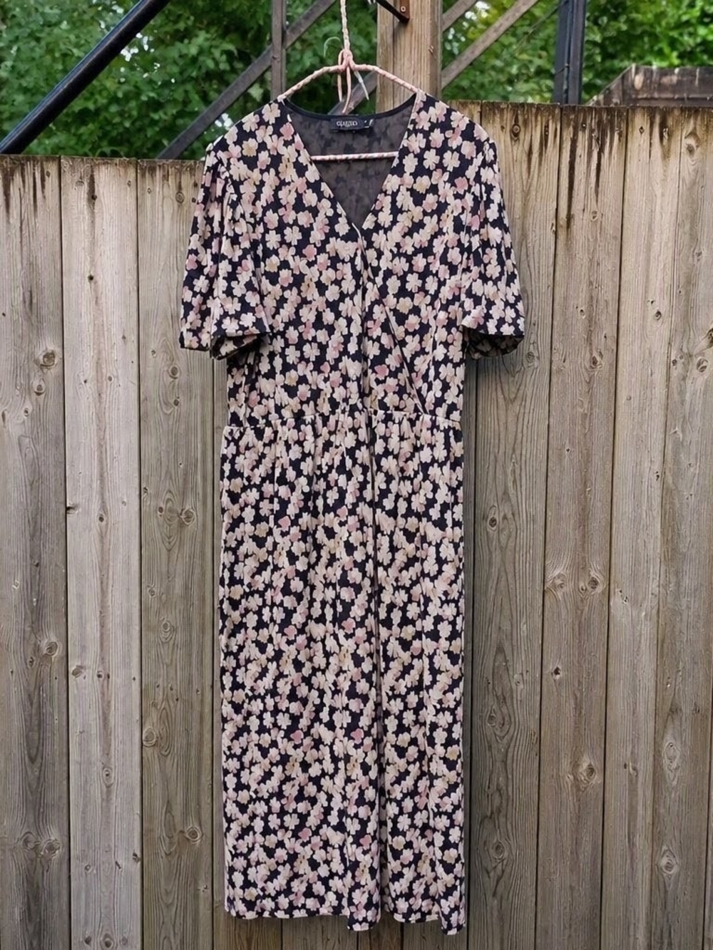 Studio Black Floral Midi Dress with Cream and Light Pink Accents